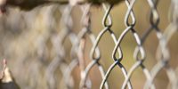 A closeup shot of a gray chain-link fence with a blurred background